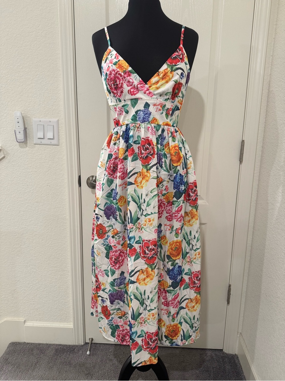 Floral Adjustable Spaghetti-Strap Midi Dress in White with Multicolor Blooms